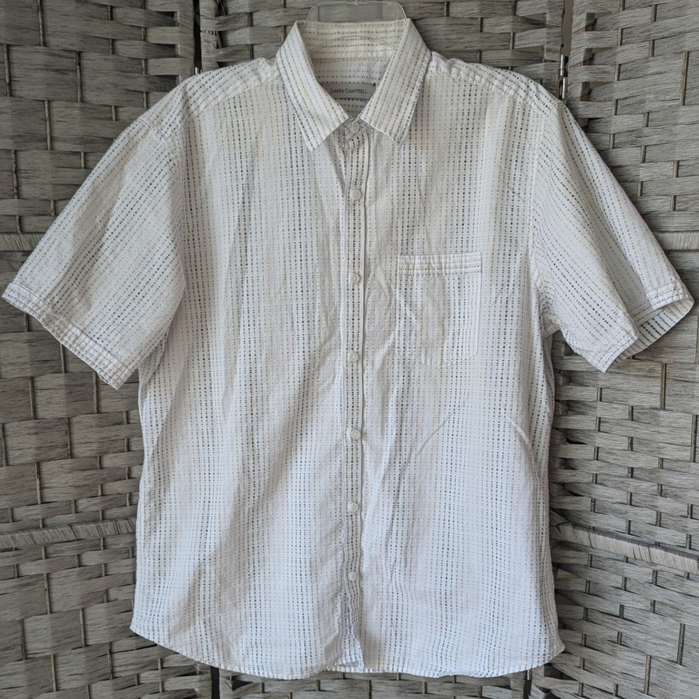 James Campbell Button Up Shirt White Striped Short Sleeve Fits Mens M Textured